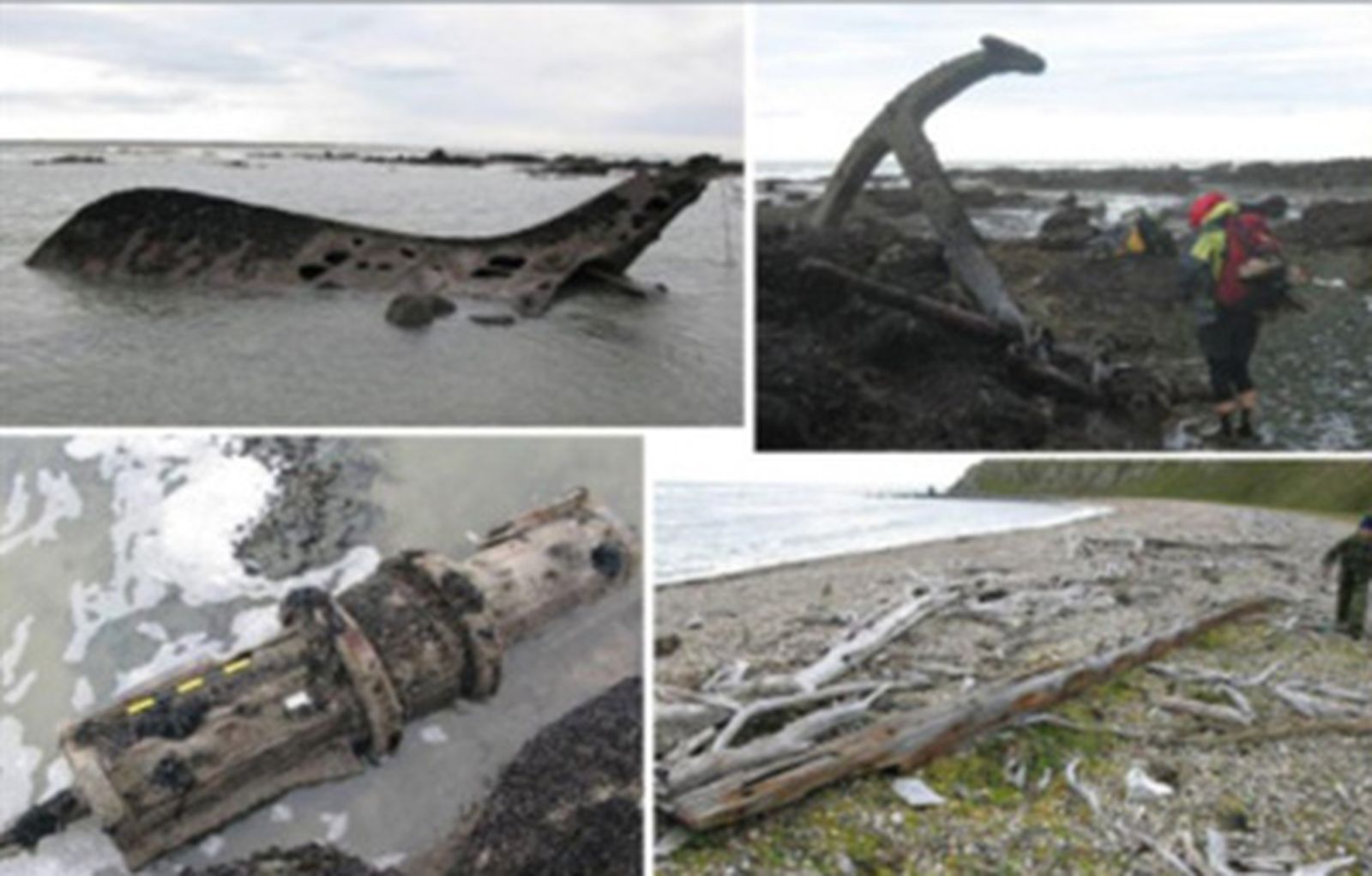 Figura 15. Punta Chata. A) Estructura de proa. B) Ancla. C) Molinete. D) Posible sección de quilla o sobre quilla. / FOTO CEDIDA