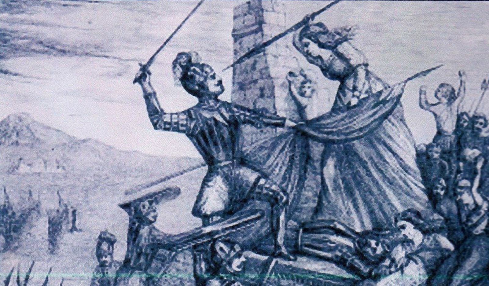 María Pita lanceando al abanderado inglés. "iQuien tengas honra que me siga!". / FOTO CEDIDA