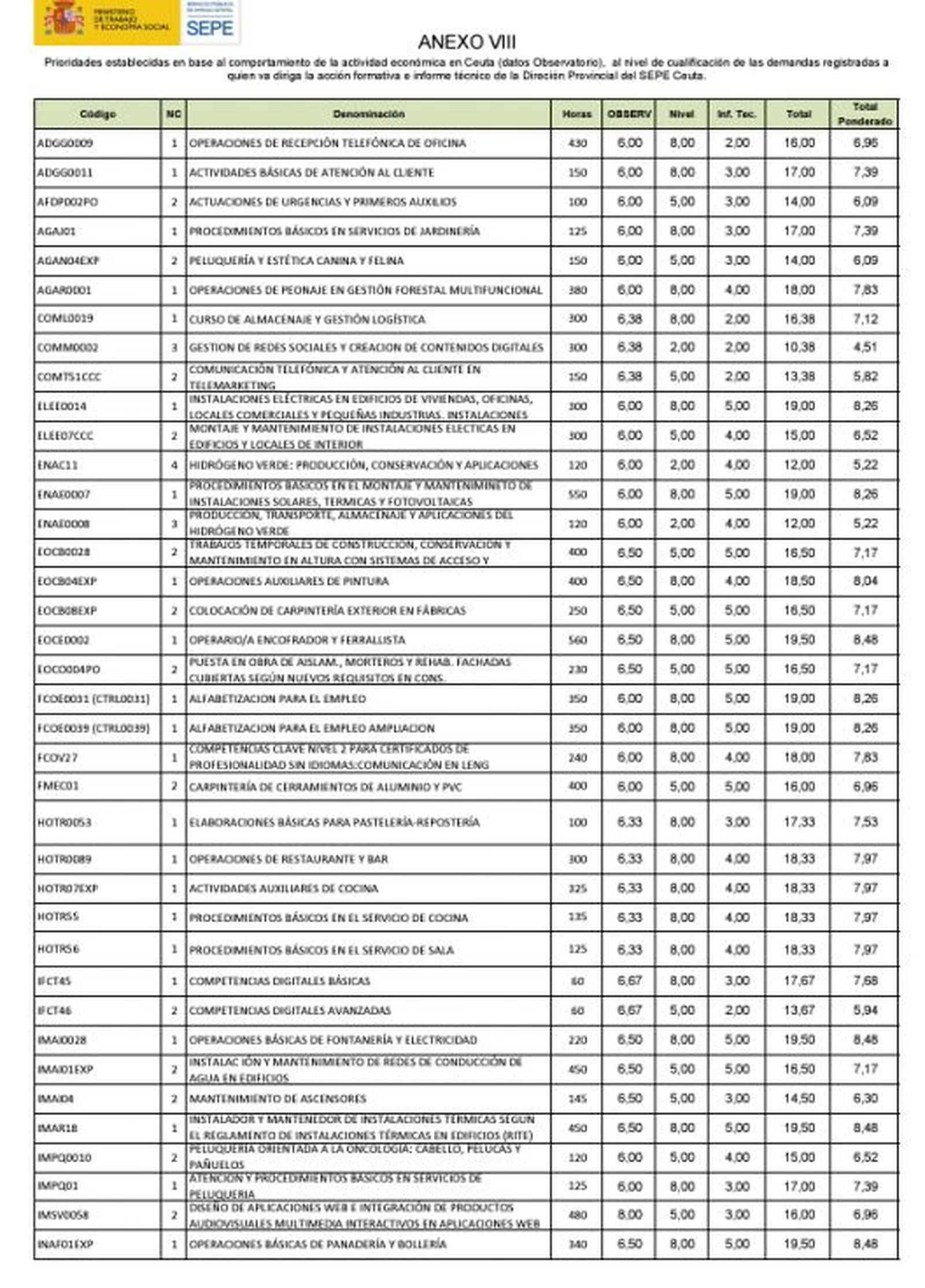 Prioridades establecidas en base al comportamiento de la actividad económica en Ceuta,  al nivel de cualificación de las demandas registradas a quien va dirigida la acción formativa./ FOTO REPRODUCCIÓN