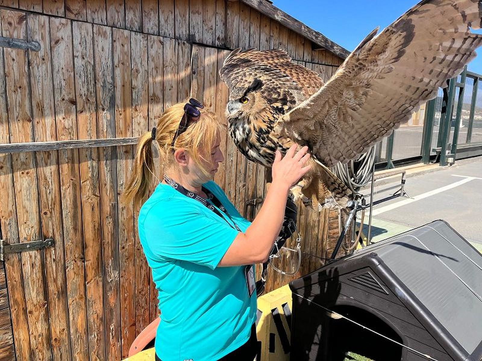 Oria, con 'Buba', la búho que saludaba a los cruceristas./ FOTO J.A.G.