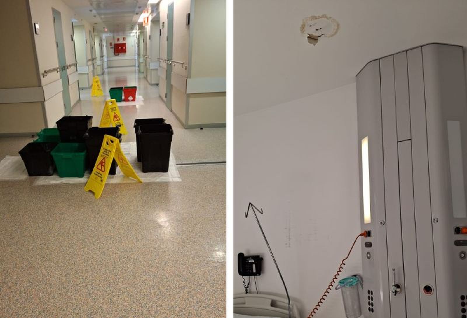Imágenes del hospital con las goteras y los cubos. / FOTO CEDIDA