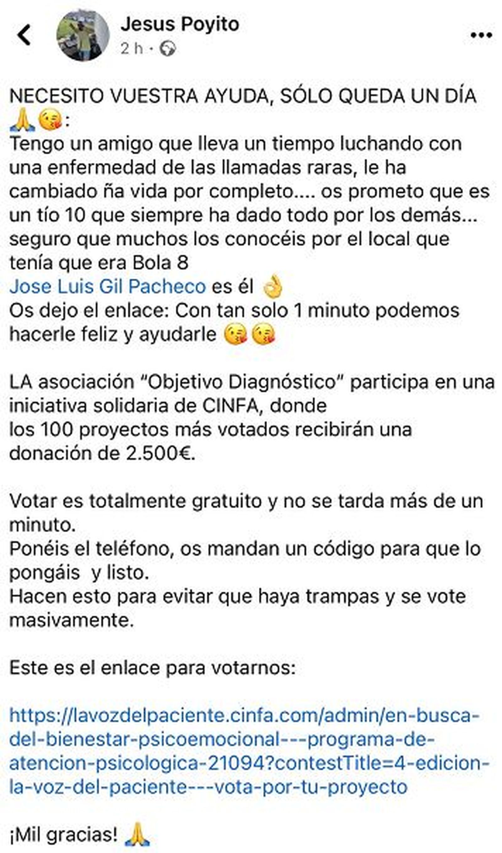 Mensaje que escribió su amigo 'Poyito' a través de Facebook para que la gente pudiera ayudar a Pacheco y conseguir la ayuda./ FOTO REPRODUCCIÓN