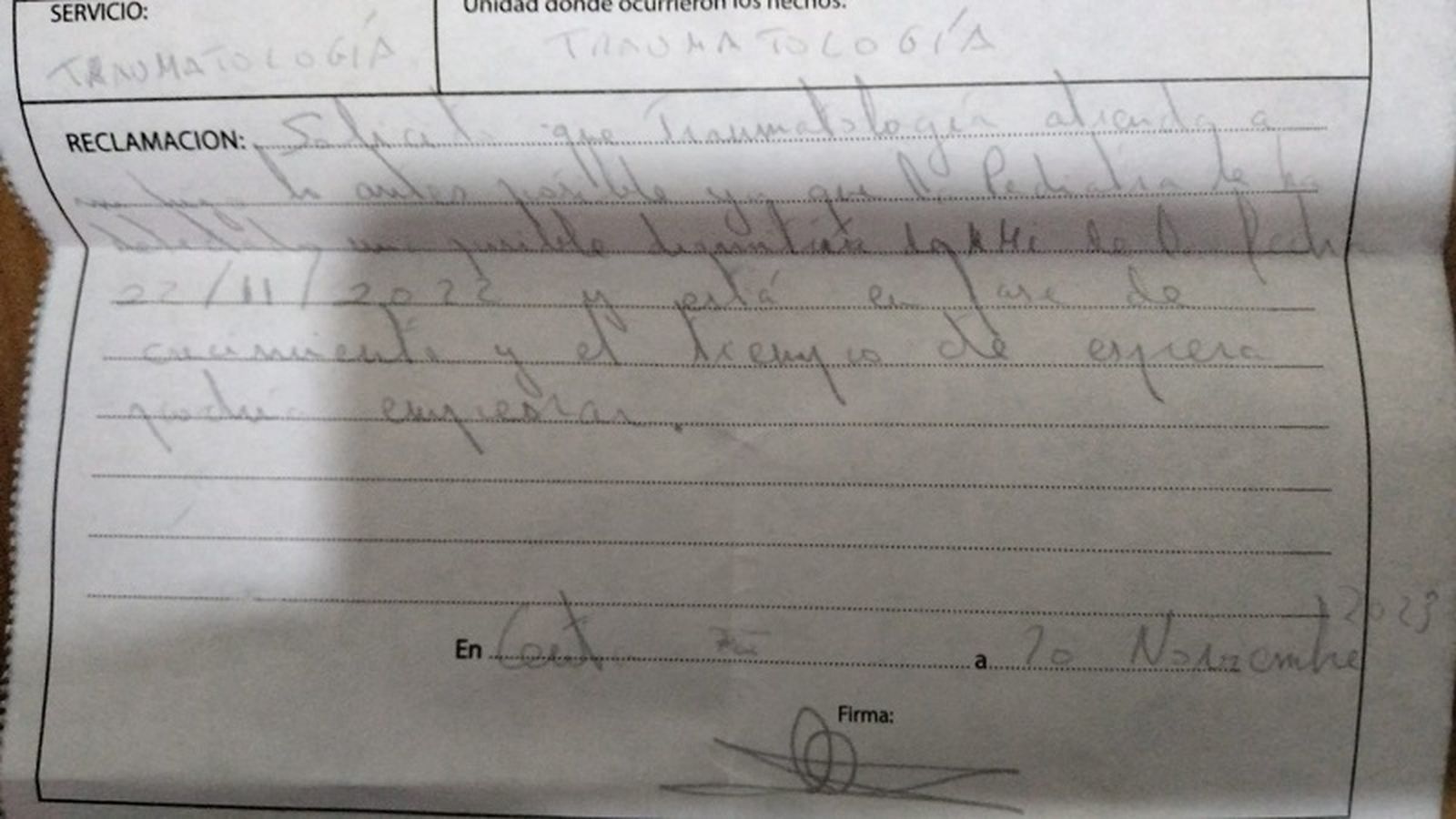 Reclamación interpuesta por el padre de un niño de 10 años que pasó 12 meses esperando cita con el traumatólogo. / FOTO CEDIDA
