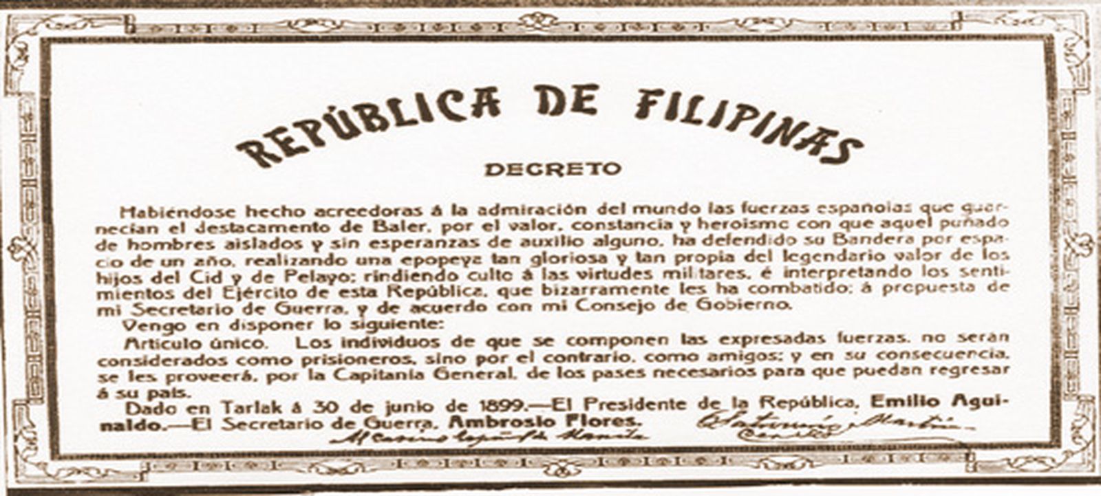 Decreto de Emilio Aguinaldo, como presidente de la República de Filipinas, sobre los héroes de Baler. / FOTO CEDIDA
