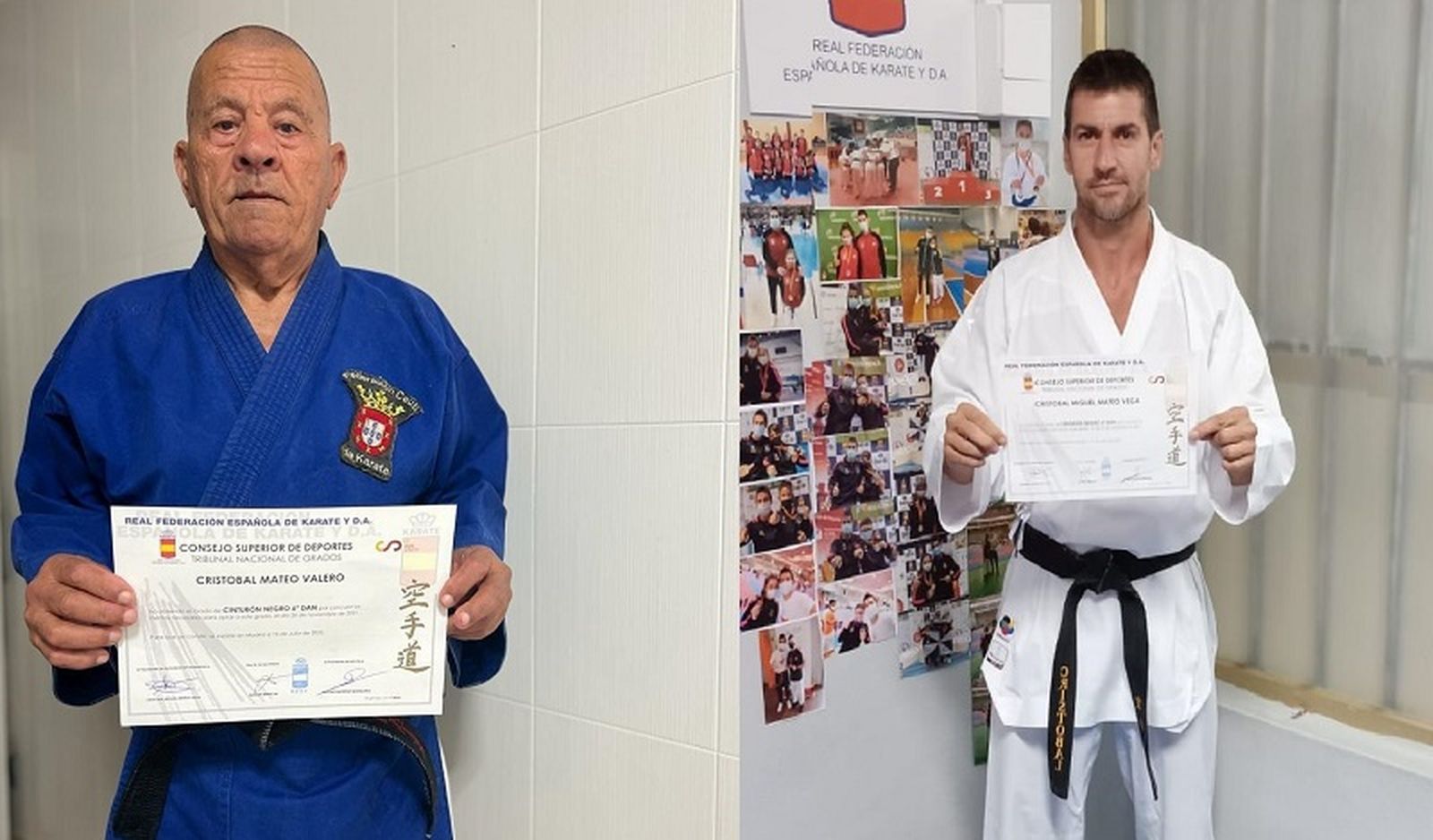 Padre e hijo posan orgullosos con su certificado de sexto Dan. / FOTO CEDIDA